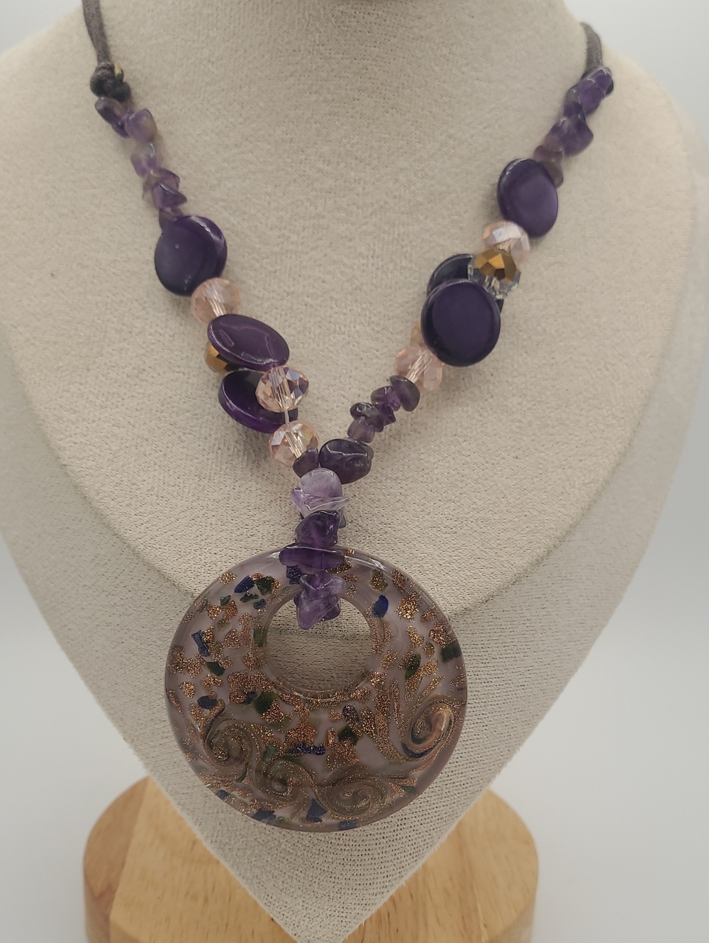 Purple Glass Pendant Necklace with Amethyst Beads